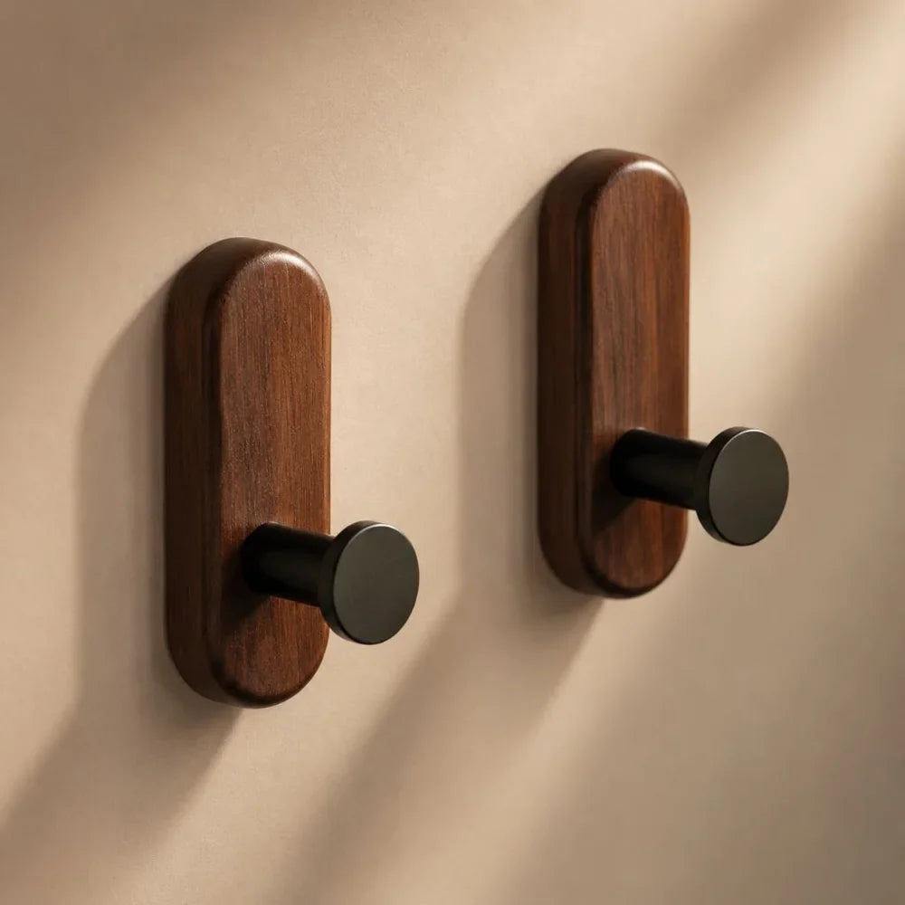Nordic Walnut Wood Adhesive Wall Hooks - No Drill