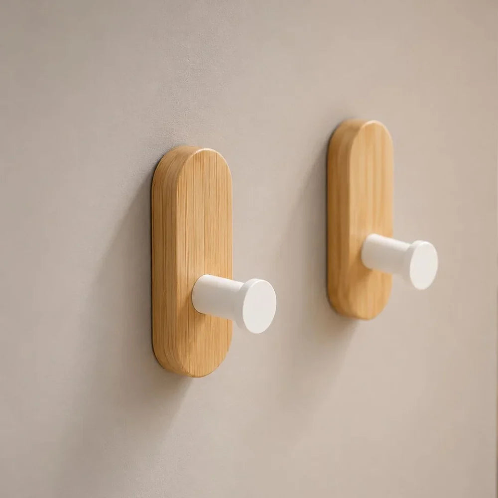 Nordic Walnut Wood Adhesive Wall Hooks - No Drill