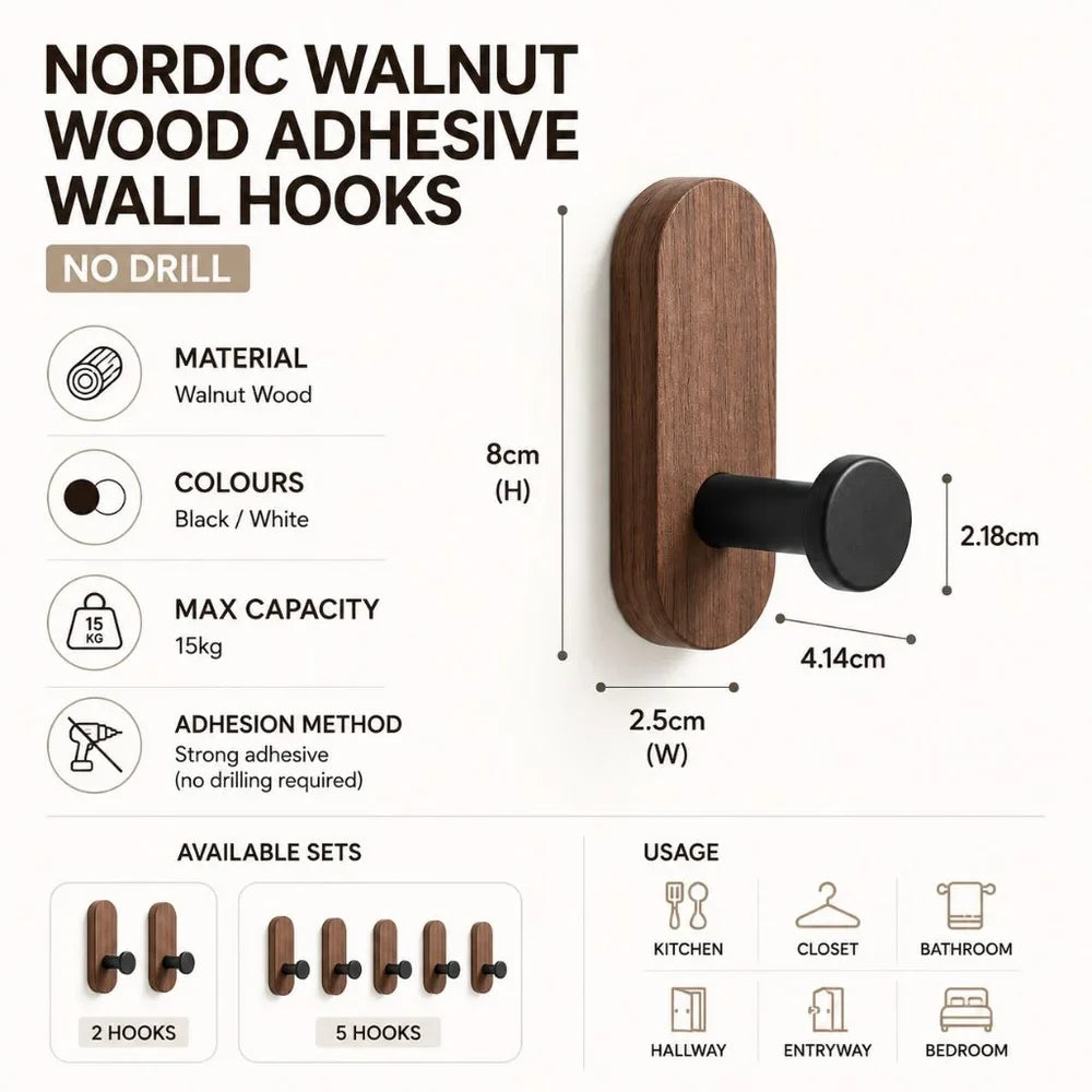 Nordic Walnut Wood Adhesive Wall Hooks - No Drill