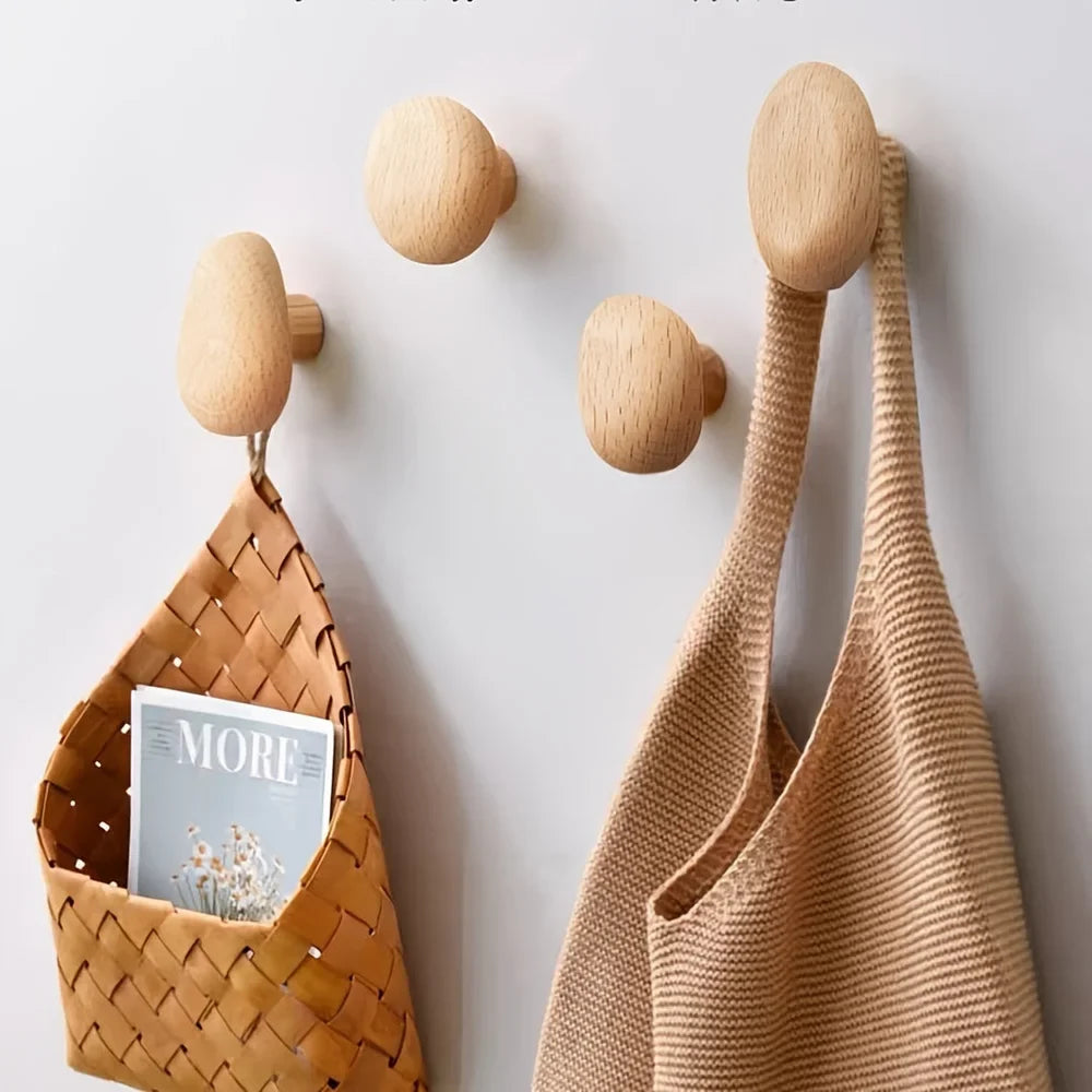 Organic Pebble Solid Wood Wall Hooks – Set of 4