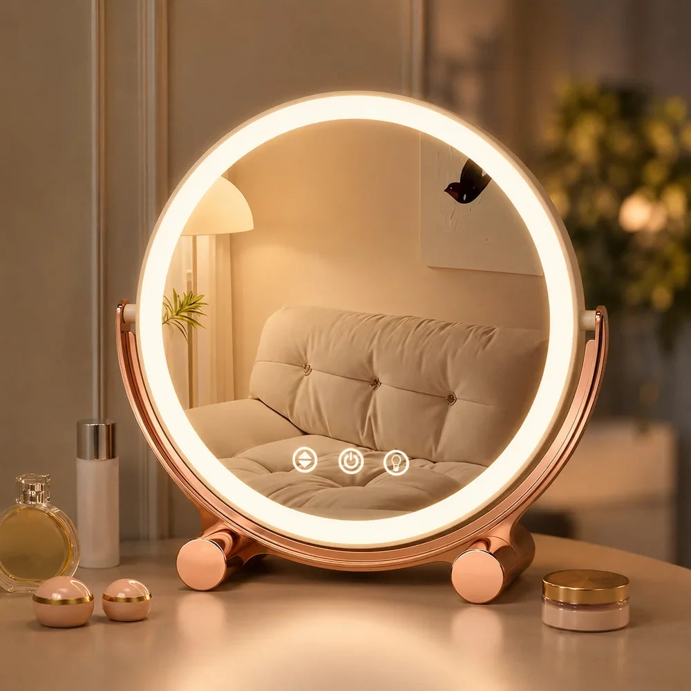 Pink Tabletop LED Makeup Mirror Rechargeable Touch Control