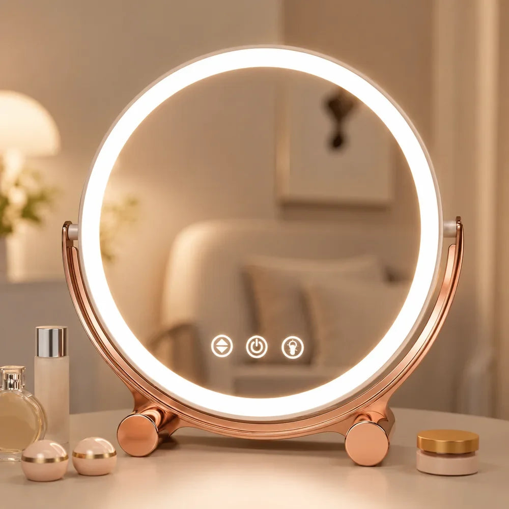Pink Tabletop LED Makeup Mirror Rechargeable Touch Control