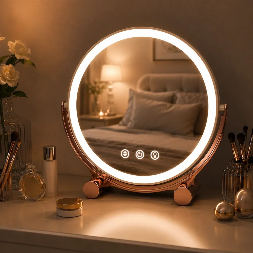 Pink Tabletop LED Makeup Mirror Rechargeable Touch Control