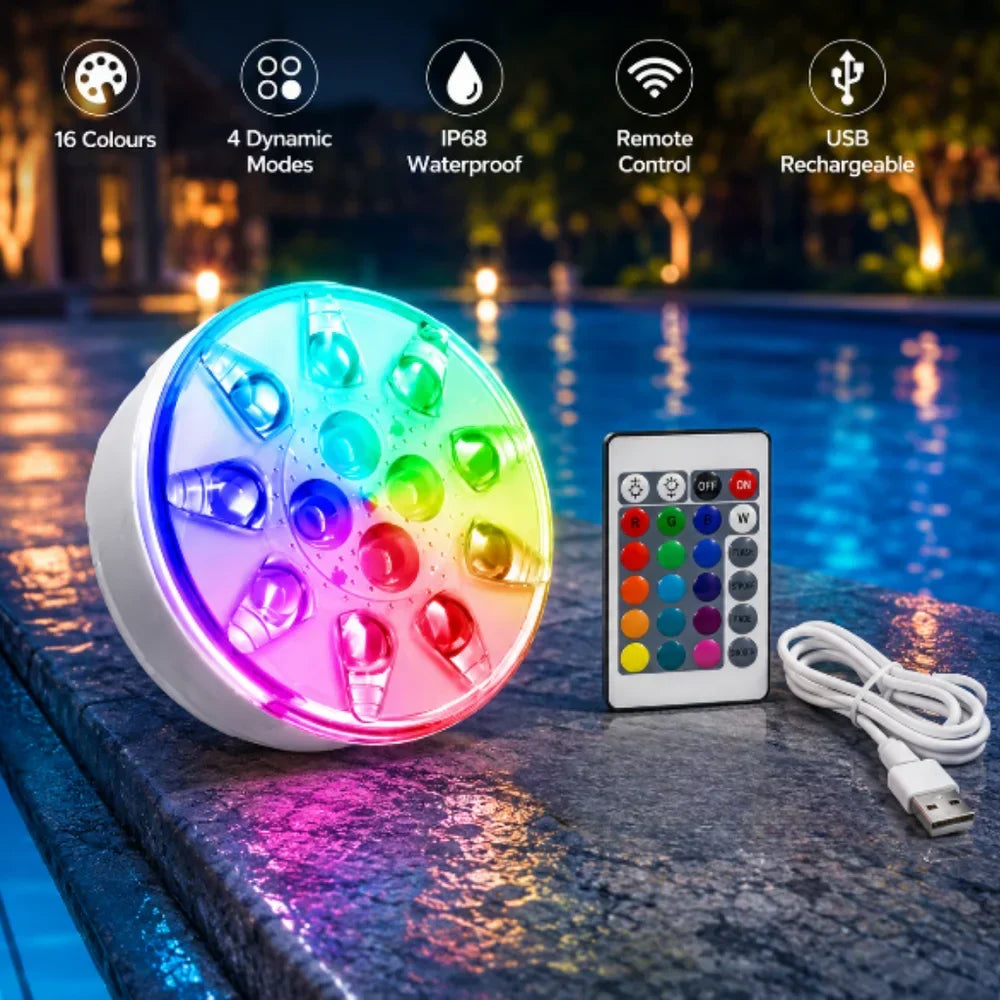 Rechargeable Pool Lights IP68 Waterproof Submersible LED with Remote