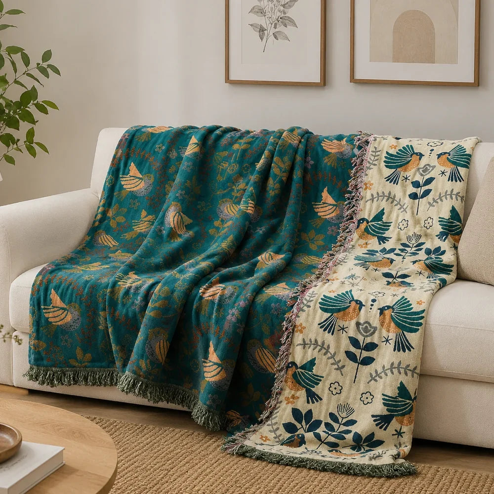 Reversible Nordic Bird Cotton Throw Blanket | Fringed Edges