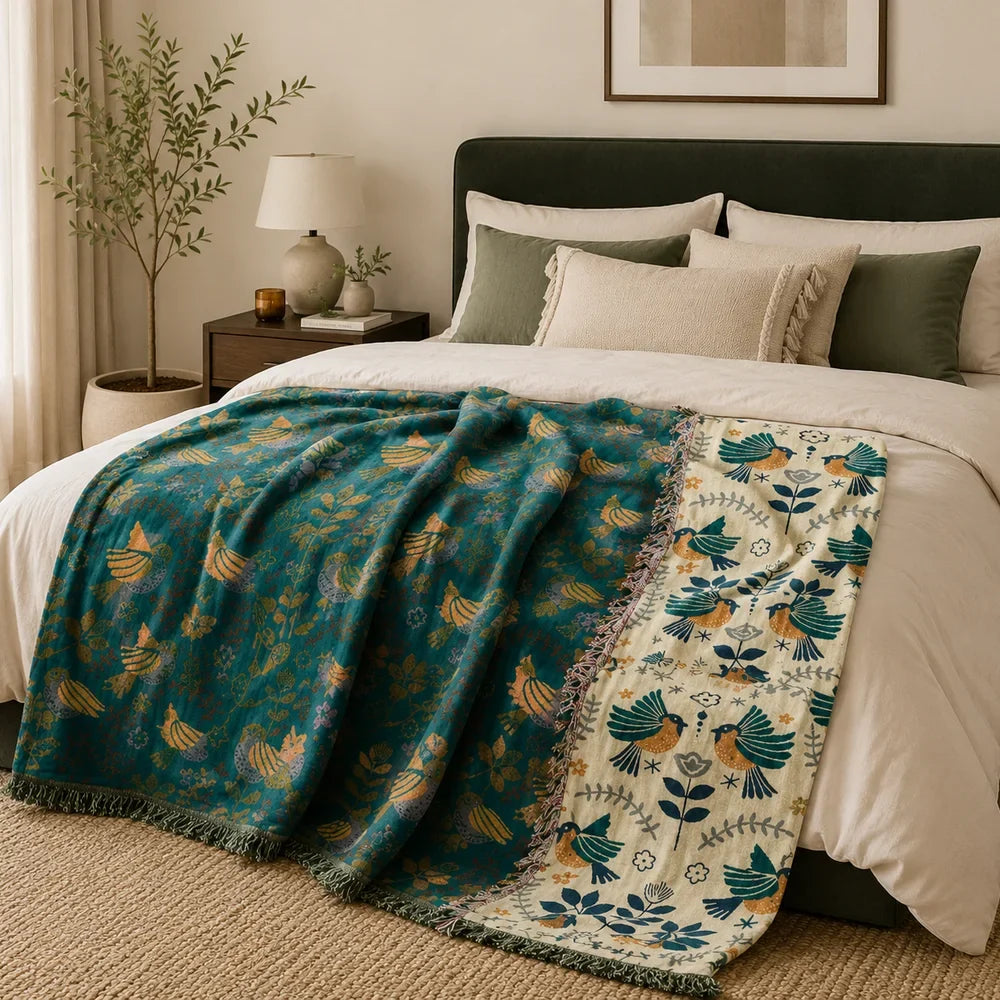 Reversible Nordic Bird Cotton Throw Blanket | Fringed Edges