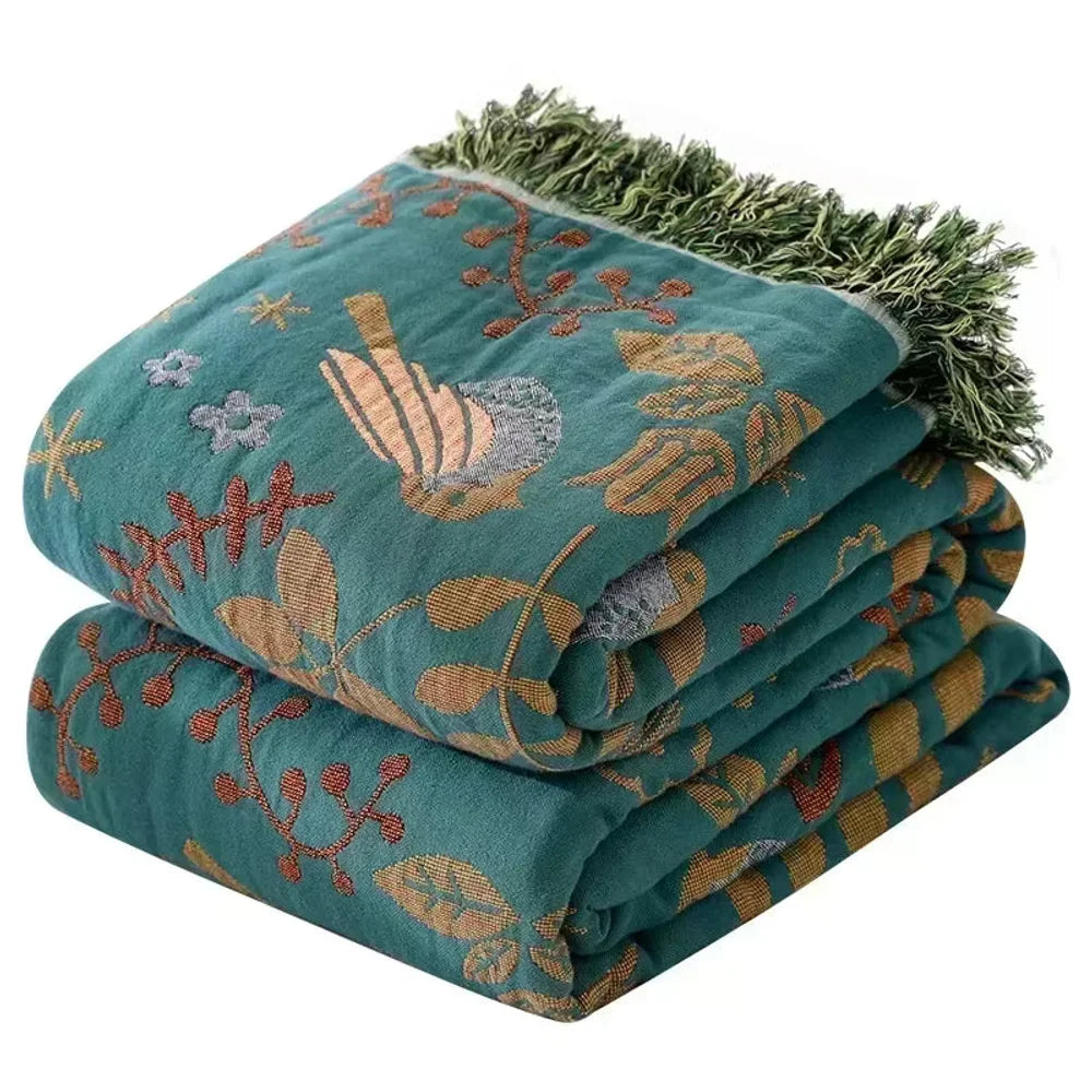 Reversible Nordic Bird Cotton Throw Blanket | Fringed Edges