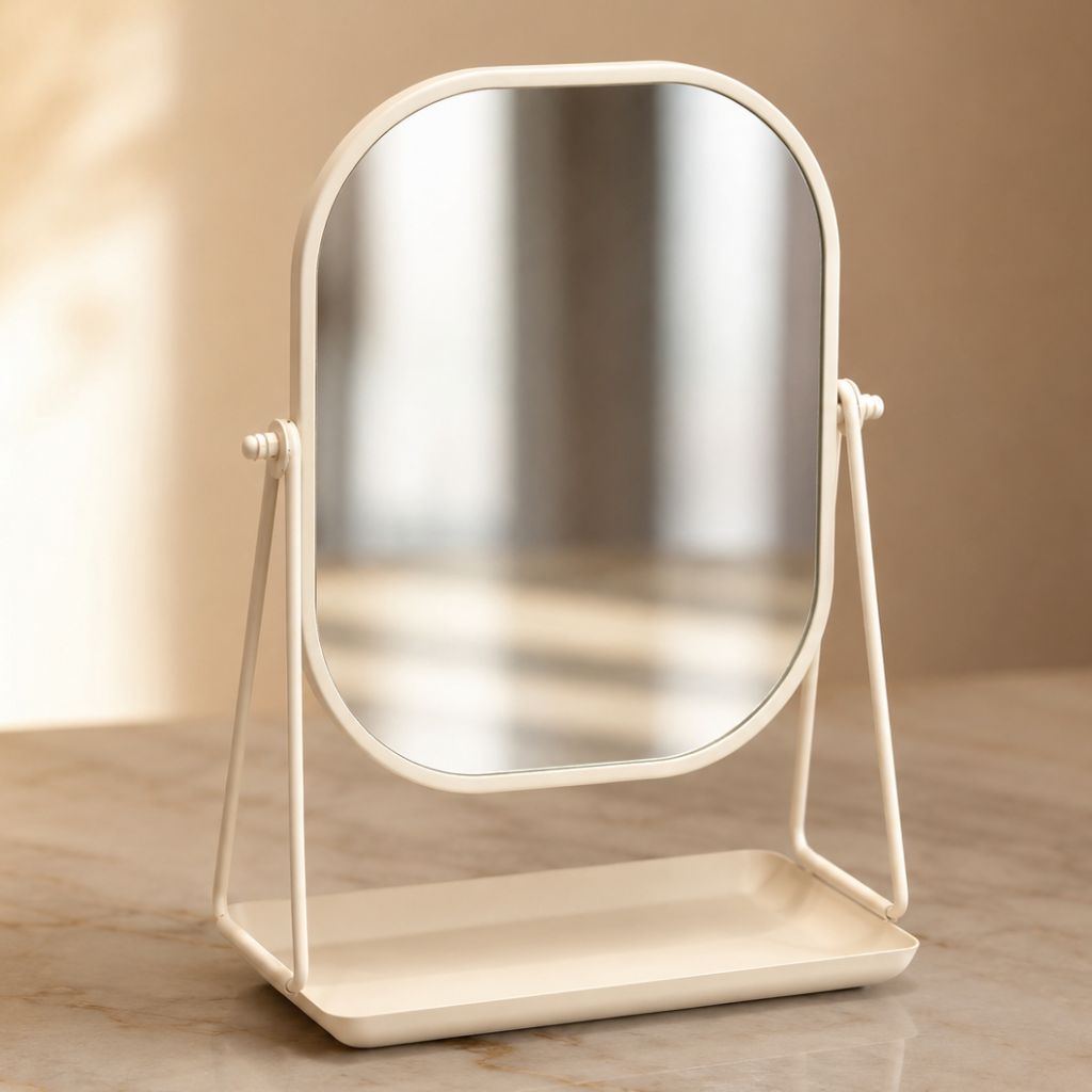 Rotating Desktop Makeup Mirror Wrought Iron Frame Storage Tray Base