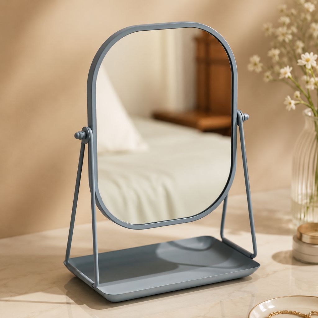 Rotating Desktop Makeup Mirror Wrought Iron Frame Storage Tray Base