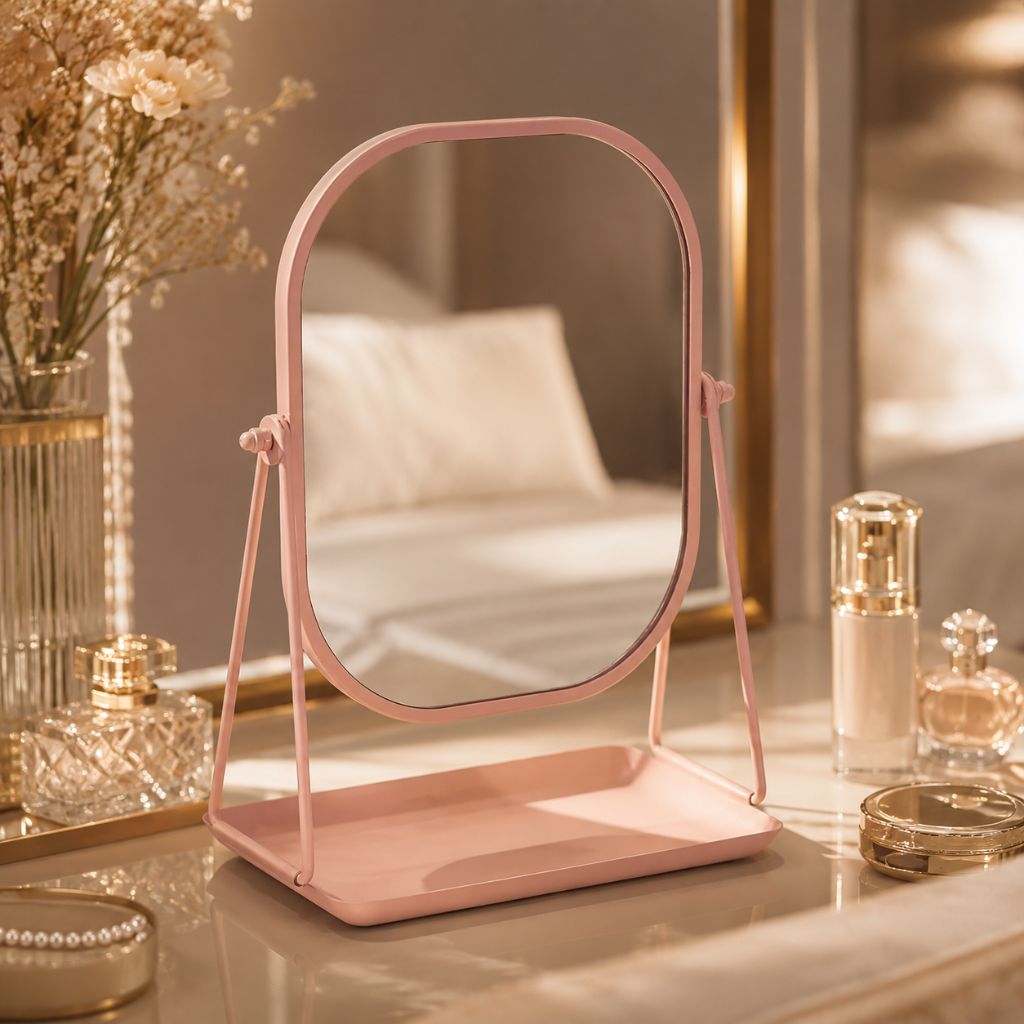 Rotating Desktop Makeup Mirror Wrought Iron Frame Storage Tray Base