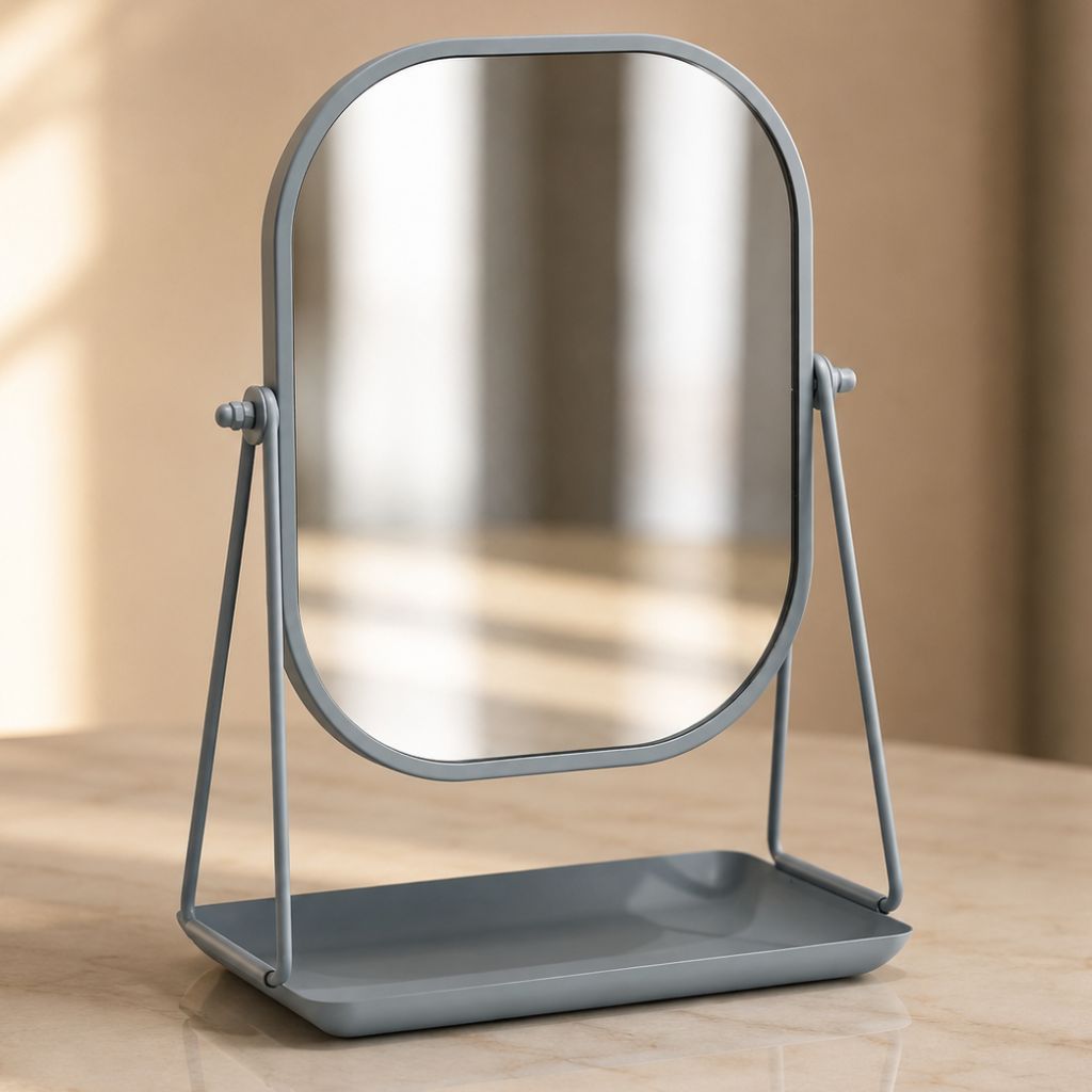 Rotating Desktop Makeup Mirror Wrought Iron Frame Storage Tray Base