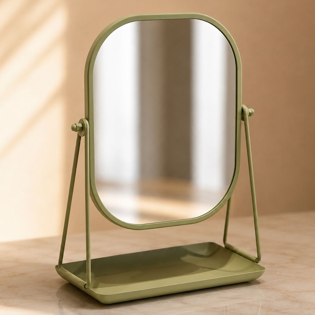 Rotating Desktop Makeup Mirror Wrought Iron Frame Storage Tray Base