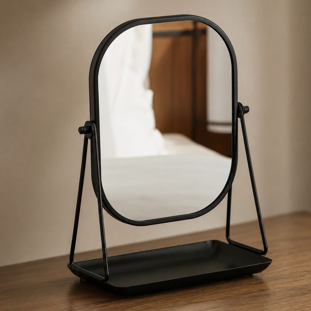 Rotating Desktop Makeup Mirror Wrought Iron Frame Storage Tray Base