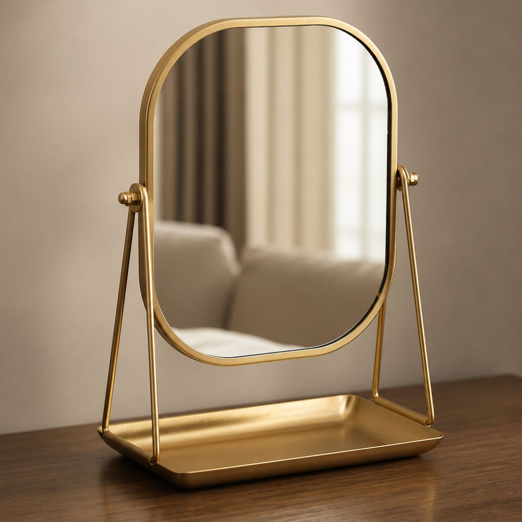 Rotating Desktop Makeup Mirror Wrought Iron Frame Storage Tray Base