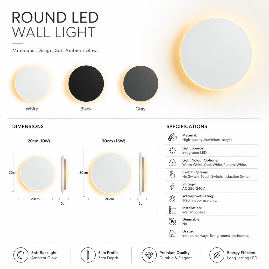 Round Backlit Sconce LED Wall Light for Interiors