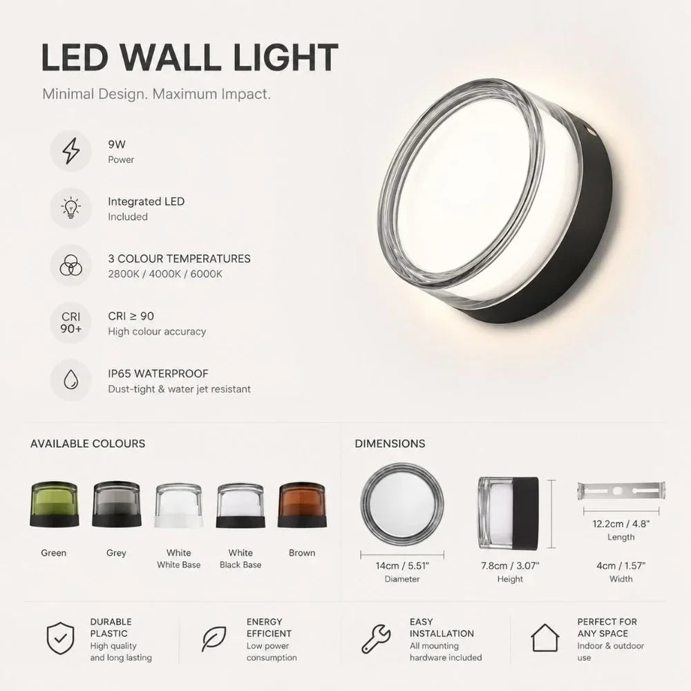 Round LED Wall Sconce IP65 CCT Switch Indoor Outdoor Lamp