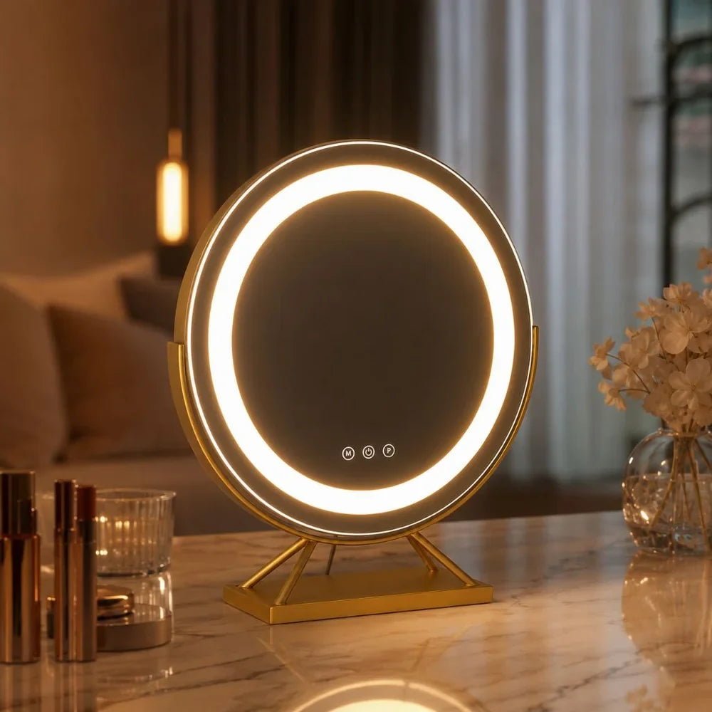 Round Lighted Vanity Tabletop Makeup Mirror LED Dimmable 15x Magnifying