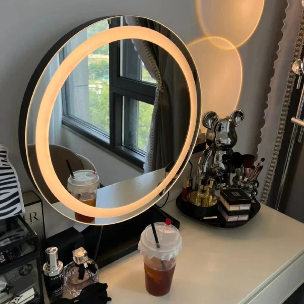 Round Lighted Vanity Tabletop Makeup Mirror LED Dimmable 15x Magnifying