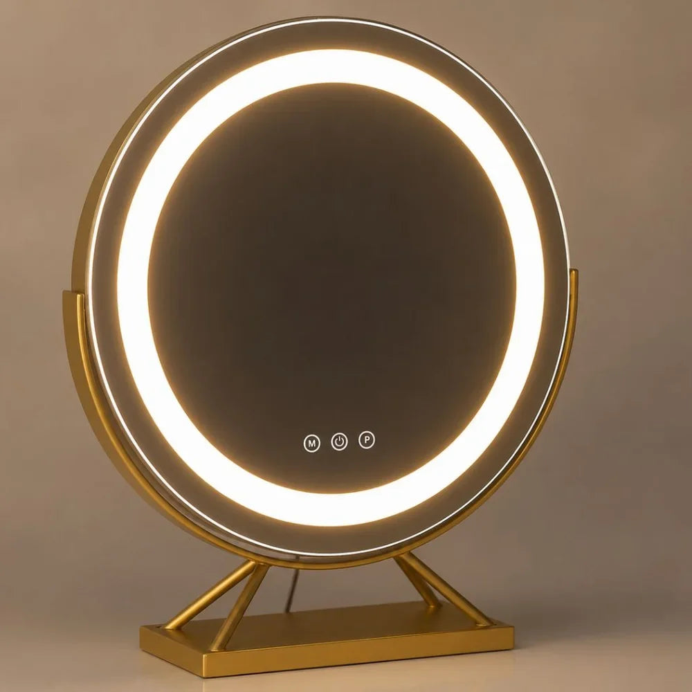 Round Lighted Vanity Tabletop Makeup Mirror LED Dimmable 15x Magnifying