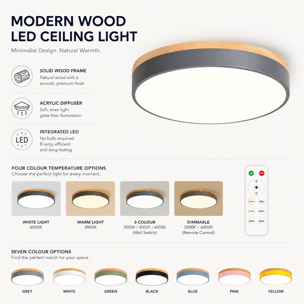 Round Wood Flush Mount Ceiling Light with LED