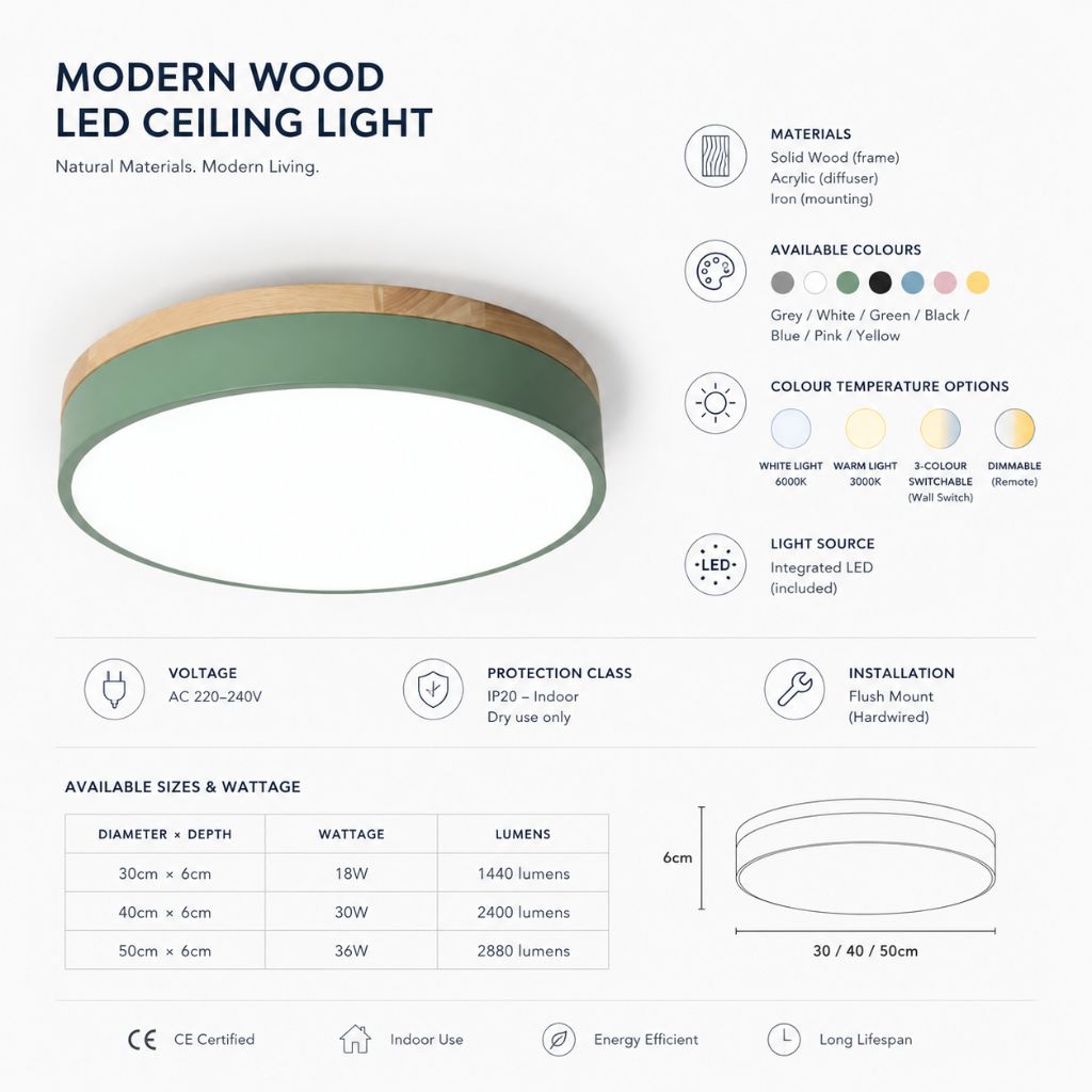 Round Wood Flush Mount Ceiling Light with LED
