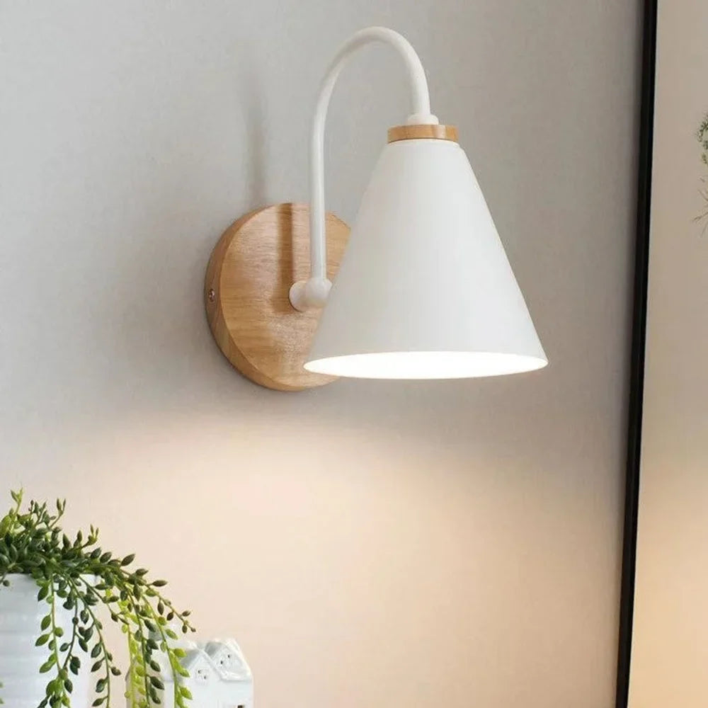 Scandinavian Cone Shade Curved Arm Wooden Wall Sconce