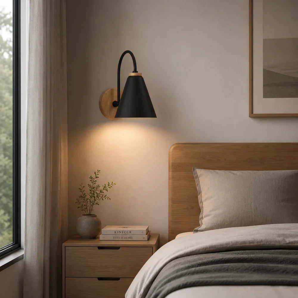 Scandinavian Cone Shade Curved Arm Wooden Wall Sconce