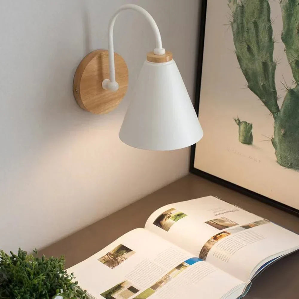 Scandinavian Cone Shade Curved Arm Wooden Wall Sconce