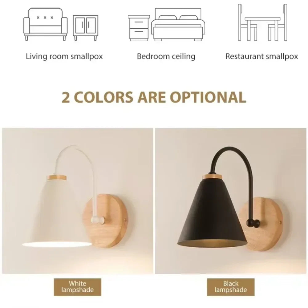 Scandinavian Cone Shade Curved Arm Wooden Wall Sconce