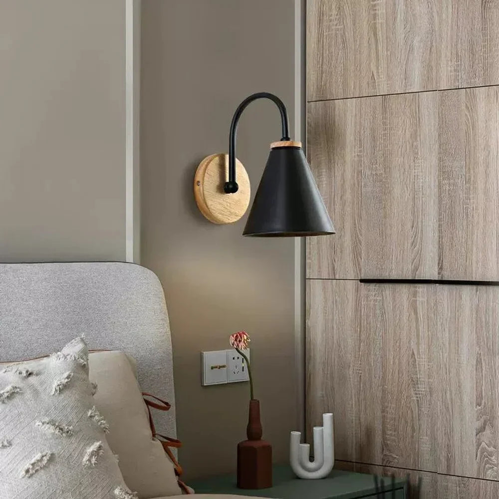 Scandinavian Cone Shade Curved Arm Wooden Wall Sconce