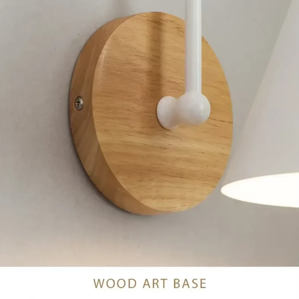 Scandinavian Cone Shade Curved Arm Wooden Wall Sconce