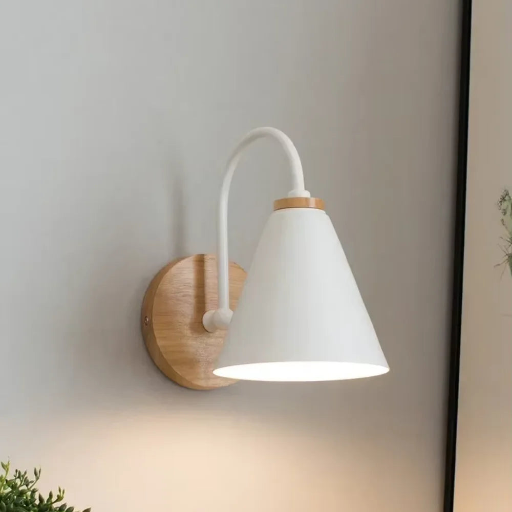 Scandinavian Cone Shade Curved Arm Wooden Wall Sconce