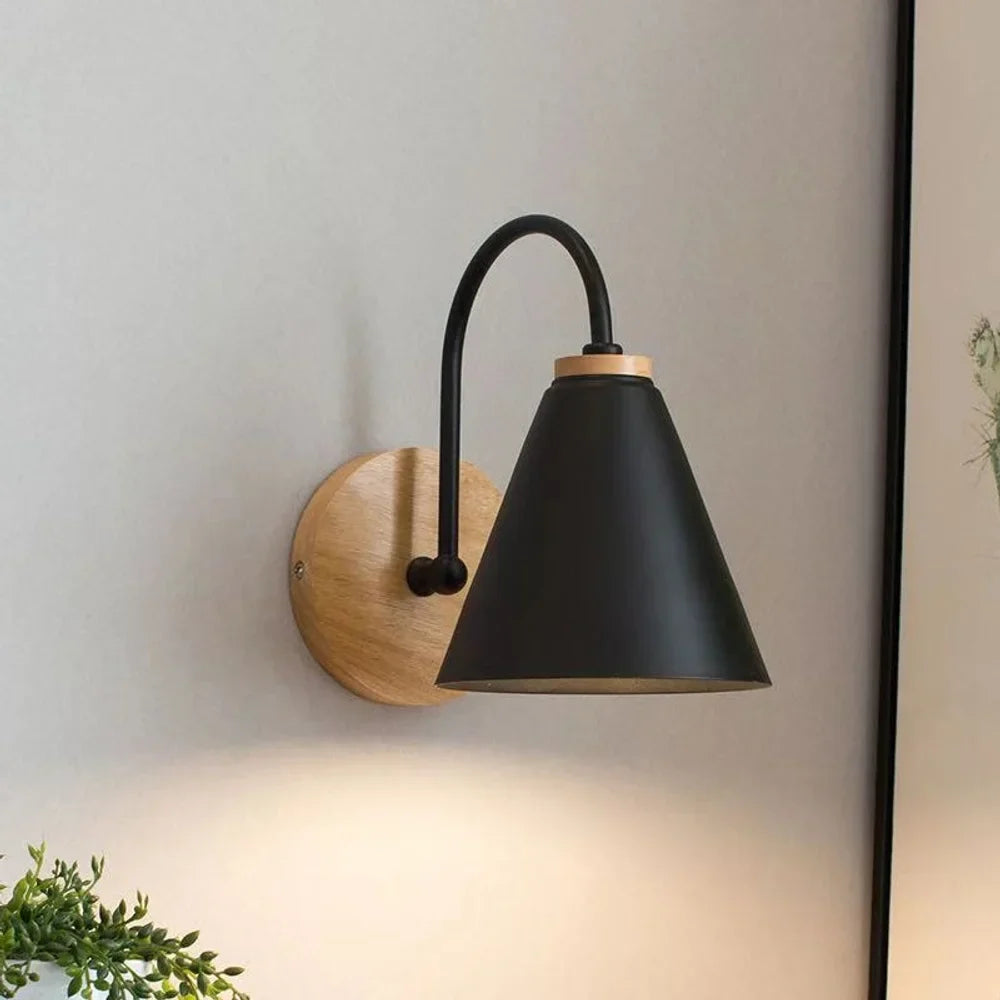 Scandinavian Cone Shade Curved Arm Wooden Wall Sconce