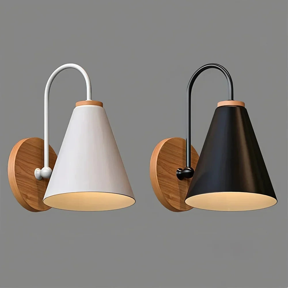 Scandinavian Cone Shade Curved Arm Wooden Wall Sconce