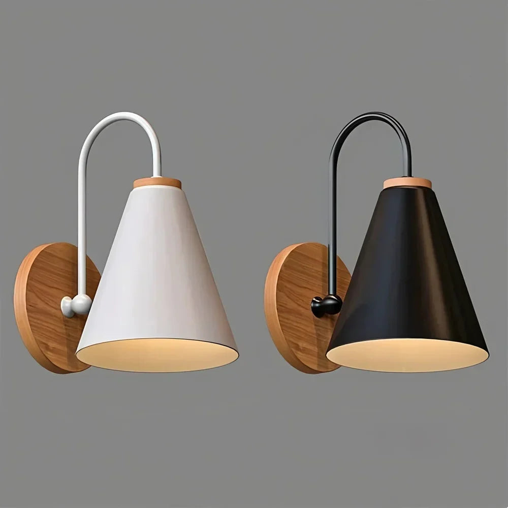 Scandinavian Cone Shade Curved Arm Wooden Wall Sconce
