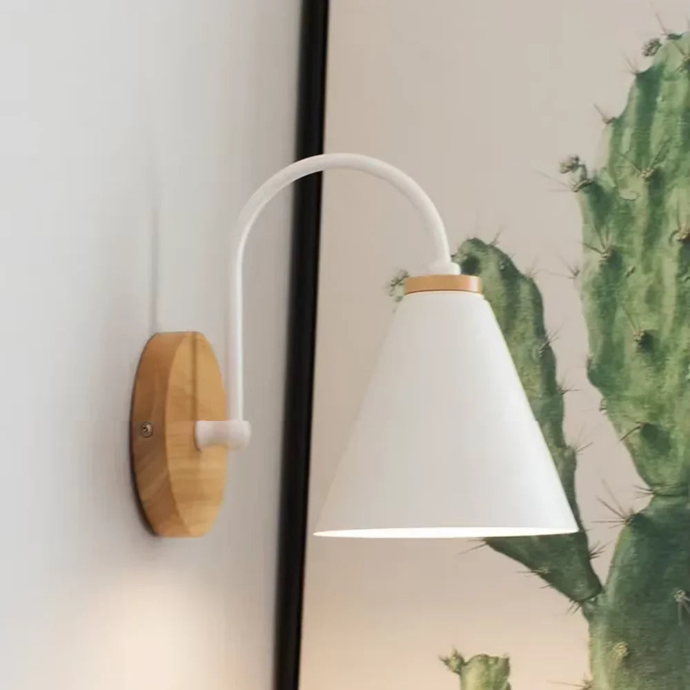 Scandinavian Cone Shade Curved Arm Wooden Wall Sconce