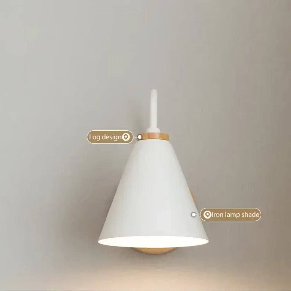 Scandinavian Cone Shade Curved Arm Wooden Wall Sconce