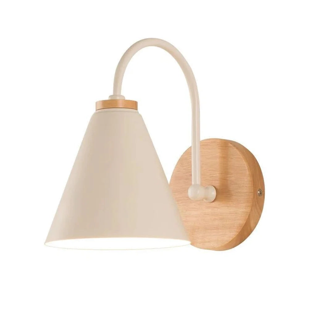 Scandinavian Cone Shade Curved Arm Wooden Wall Sconce