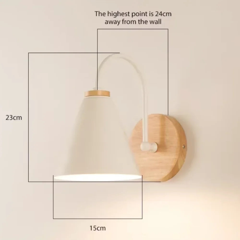 Scandinavian Cone Shade Curved Arm Wooden Wall Sconce