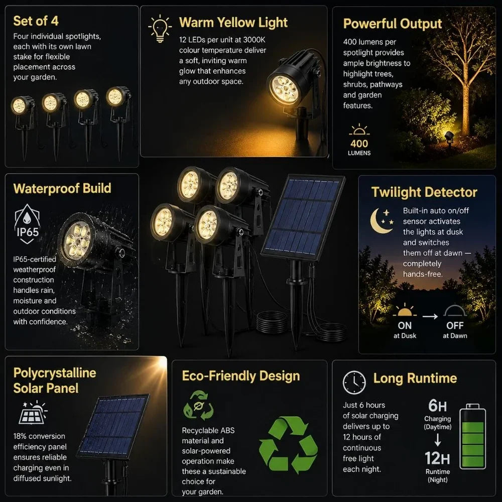 Solar Garden Spotlights - 4-Pack IP65 Waterproof LED Light