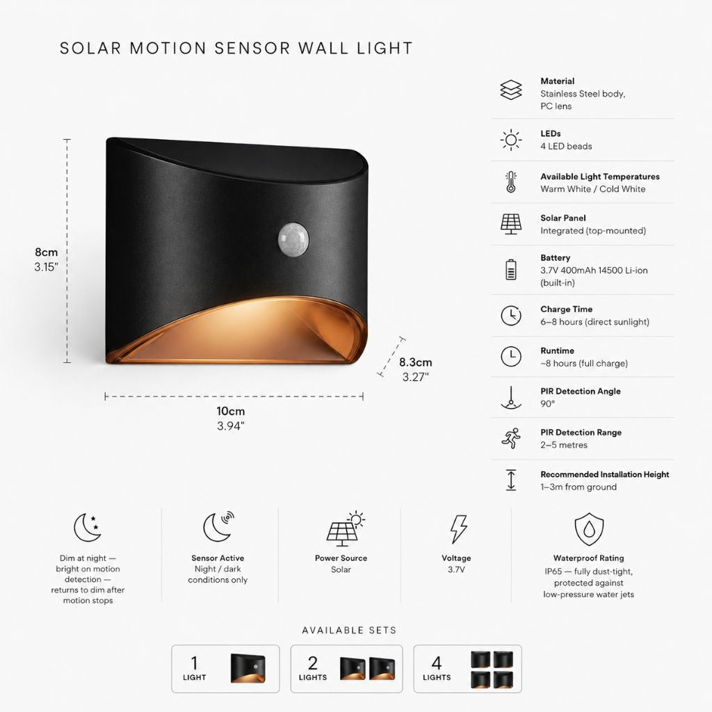 Solar Outdoor Garden Wall Light PIR Motion Sensor IP65 Waterproof Lamp