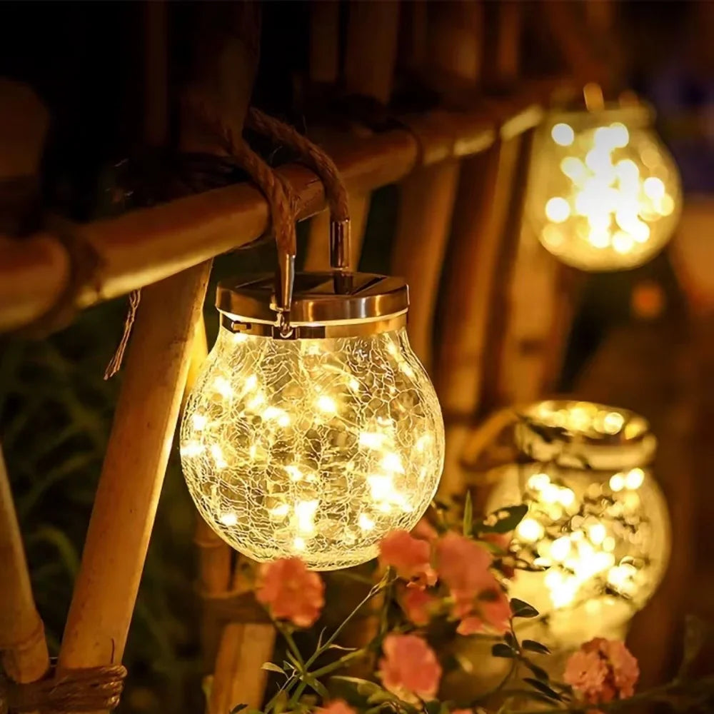 Solar Outdoor Hanging Lamp IP65 Waterproof Cracked Glass Jar