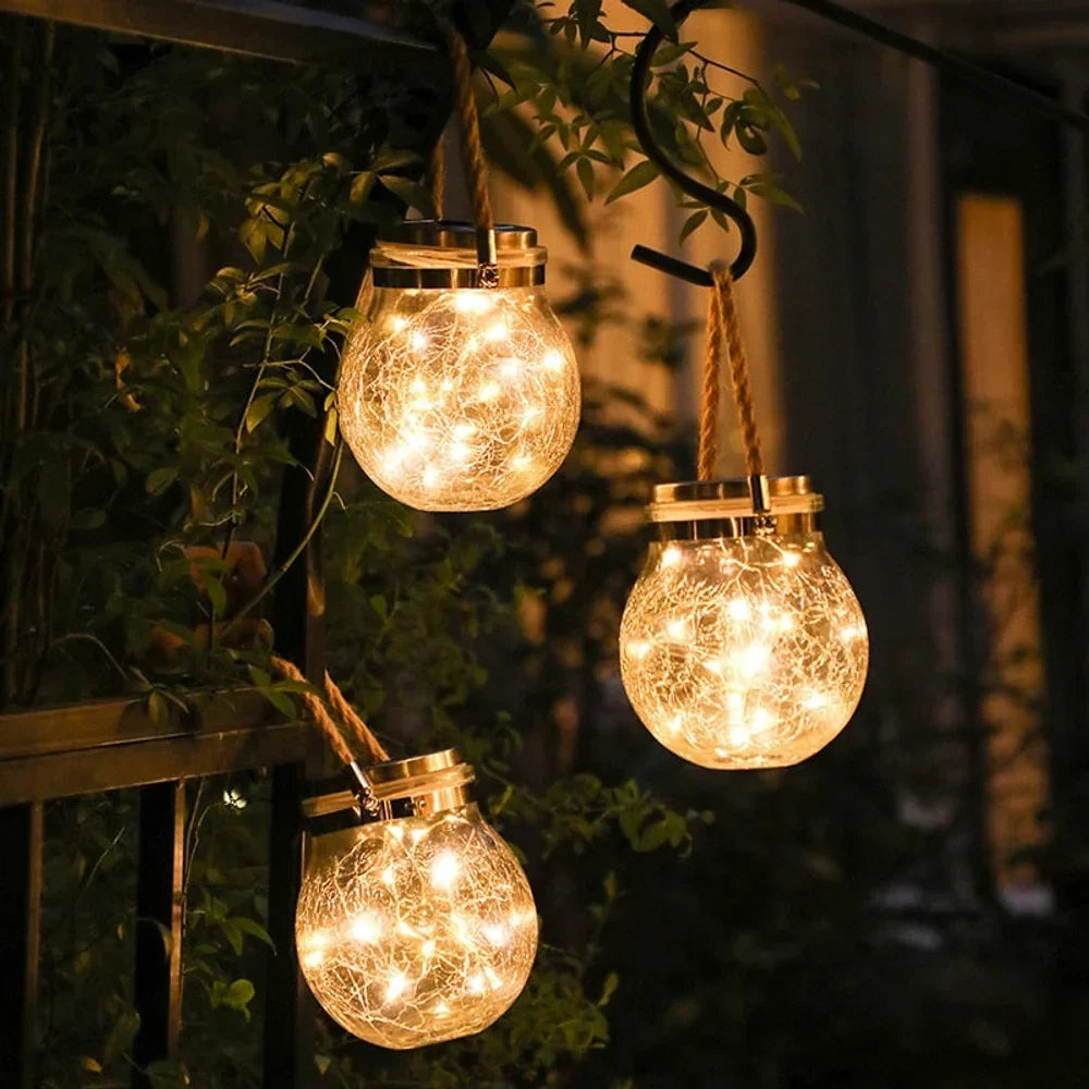 Solar Outdoor Hanging Lamp IP65 Waterproof Cracked Glass Jar