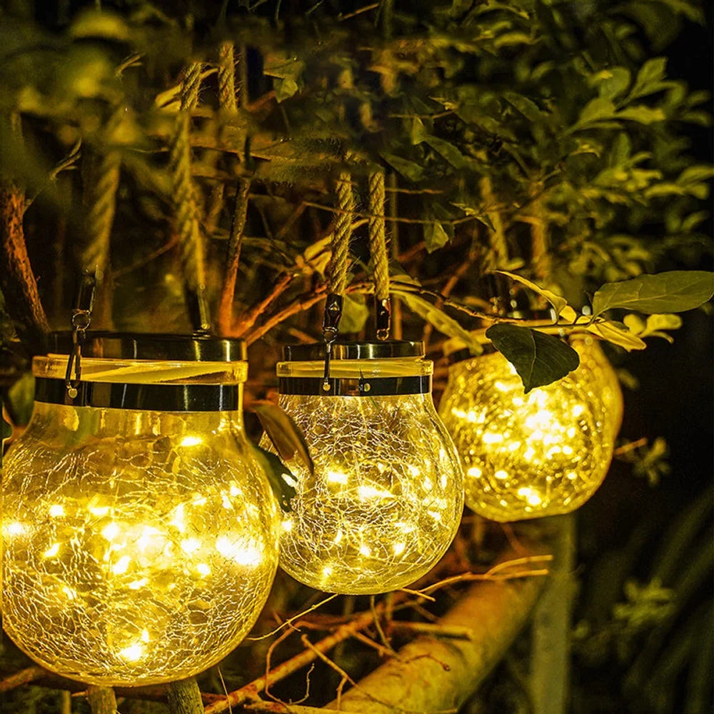 Solar Outdoor Hanging Lamp IP65 Waterproof Cracked Glass Jar