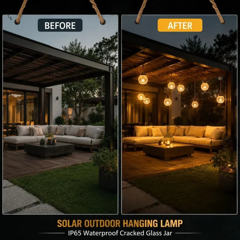 Solar Outdoor Hanging Lamp IP65 Waterproof Cracked Glass Jar