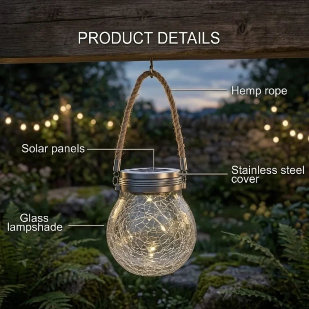 Solar Outdoor Hanging Lamp IP65 Waterproof Cracked Glass Jar