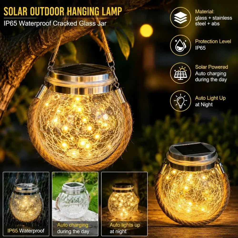 Solar Outdoor Hanging Lamp IP65 Waterproof Cracked Glass Jar