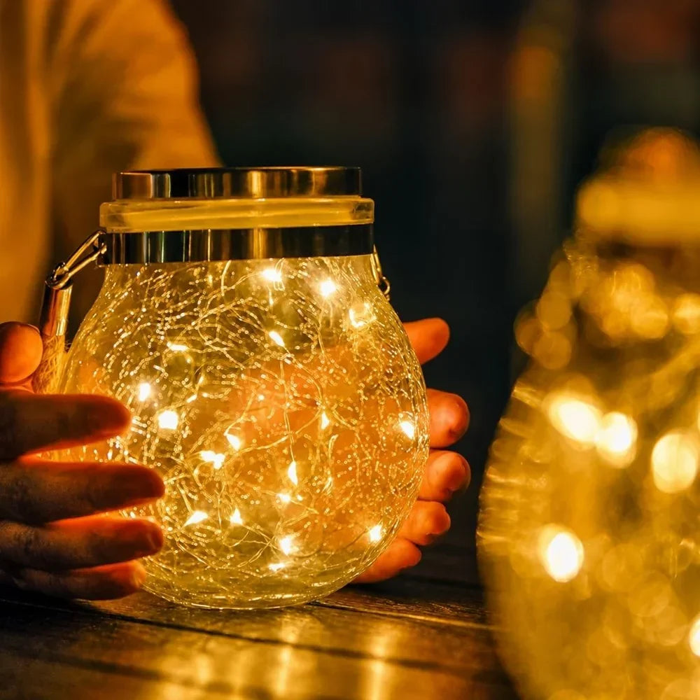 Solar Outdoor Hanging Lamp IP65 Waterproof Cracked Glass Jar