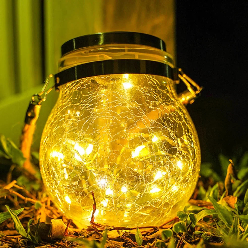 Solar Outdoor Hanging Lamp IP65 Waterproof Cracked Glass Jar