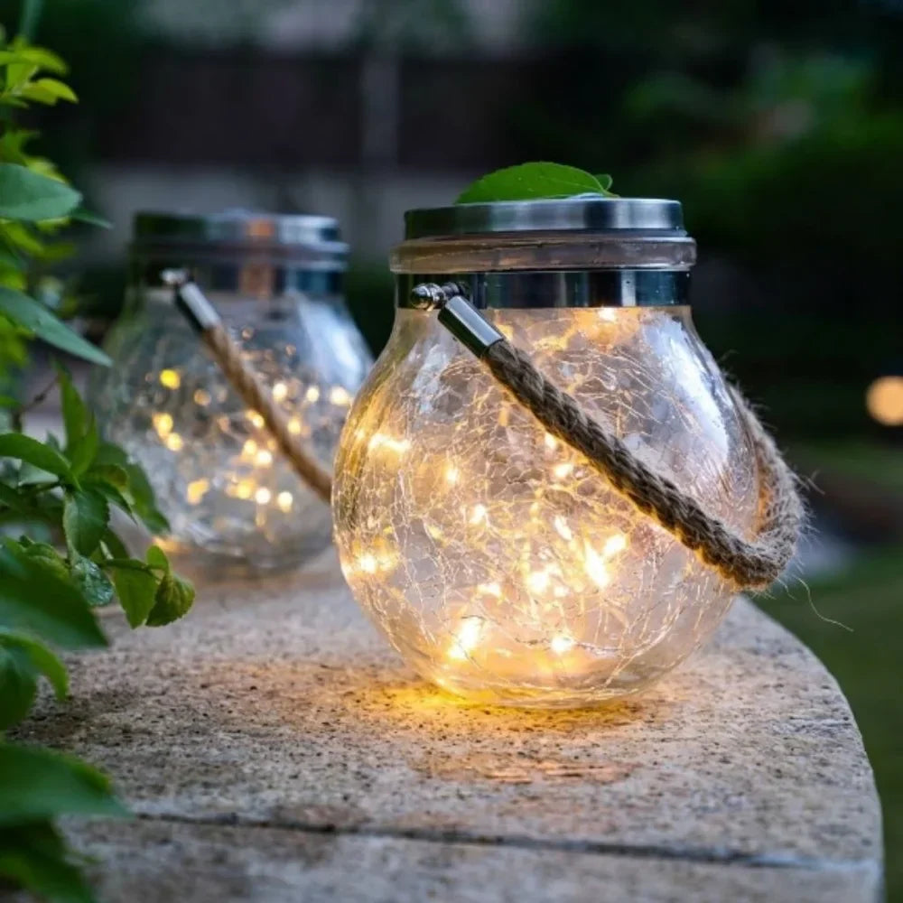 Solar Outdoor Hanging Lamp IP65 Waterproof Cracked Glass Jar